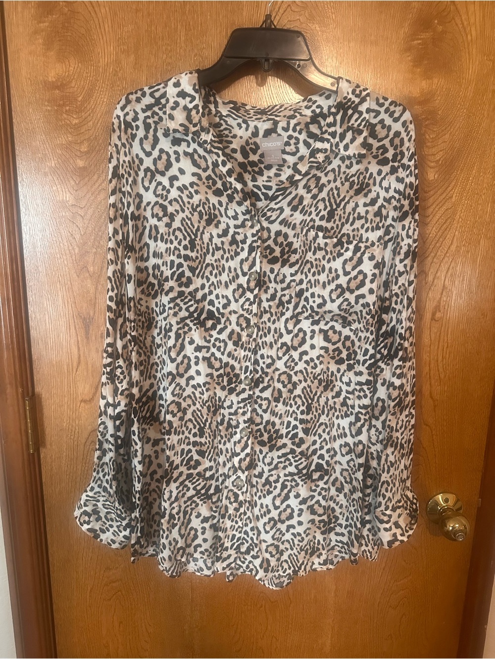 Chico's Leopard Print Button-Down Blouse in Cream and Brown